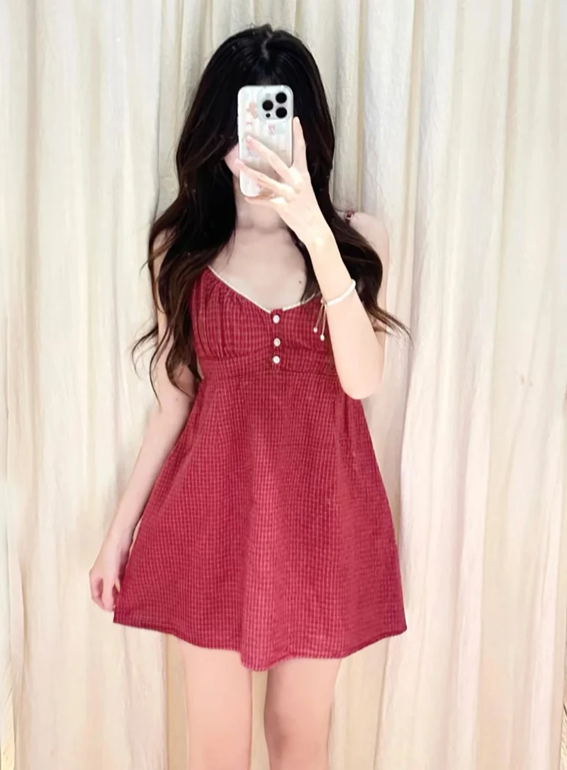 Minivestido Babydoll con botones y tirantes tipo camisola para mujer en cuadros