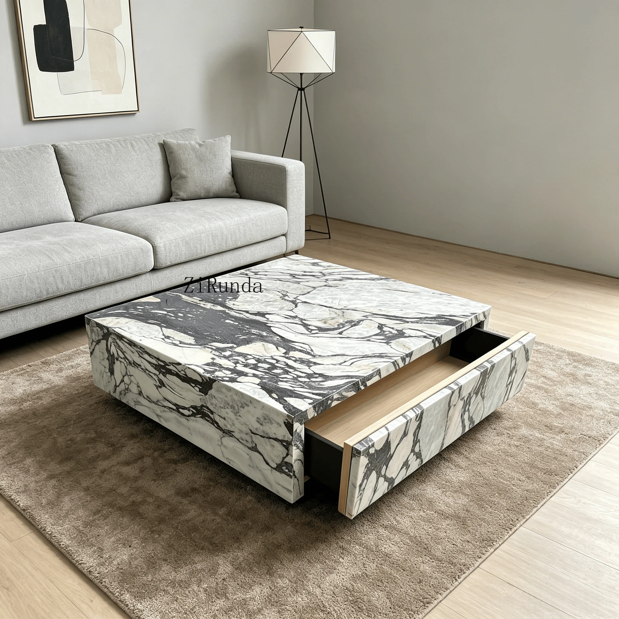 Modern minimalist living room furniture center table square tower violet marble coffee table with drawers table base set