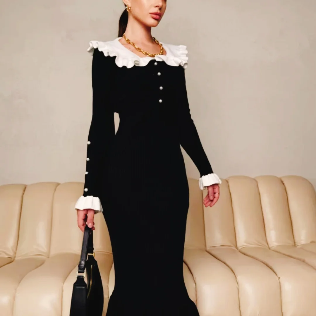 

Elegant Knitted Bodycon Dress A-Line Long Sleeve Round Neck Midi Dresses Women Robe Birthday Party Black Dress Lady Base Clothes