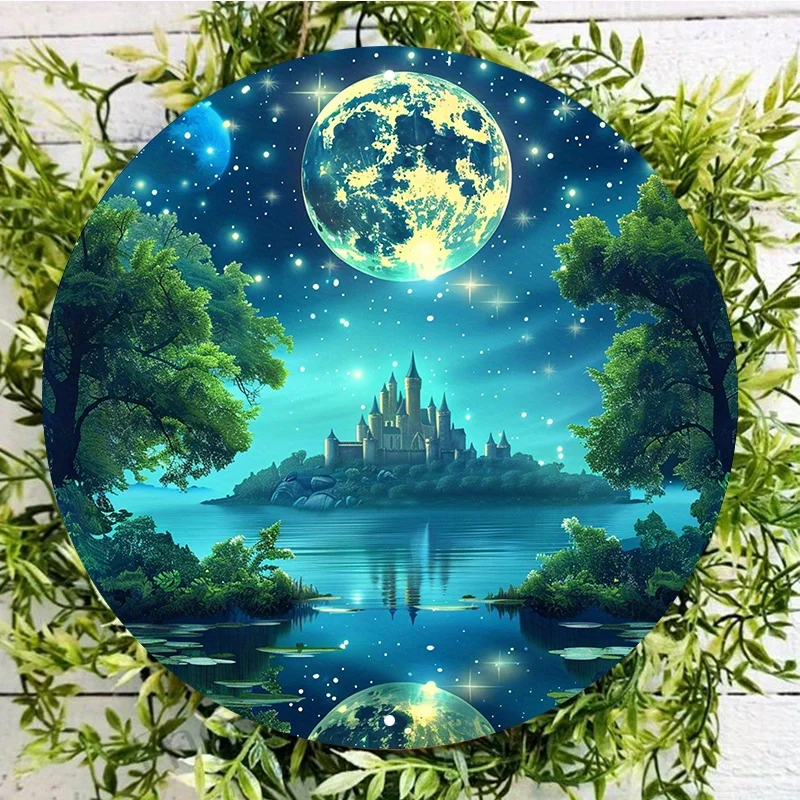 Waterproof Aluminum Metal Sign with HD Printing, Round Wall Decor, Nighttime Castle Forest Design, Weather Resistant Door Hanger