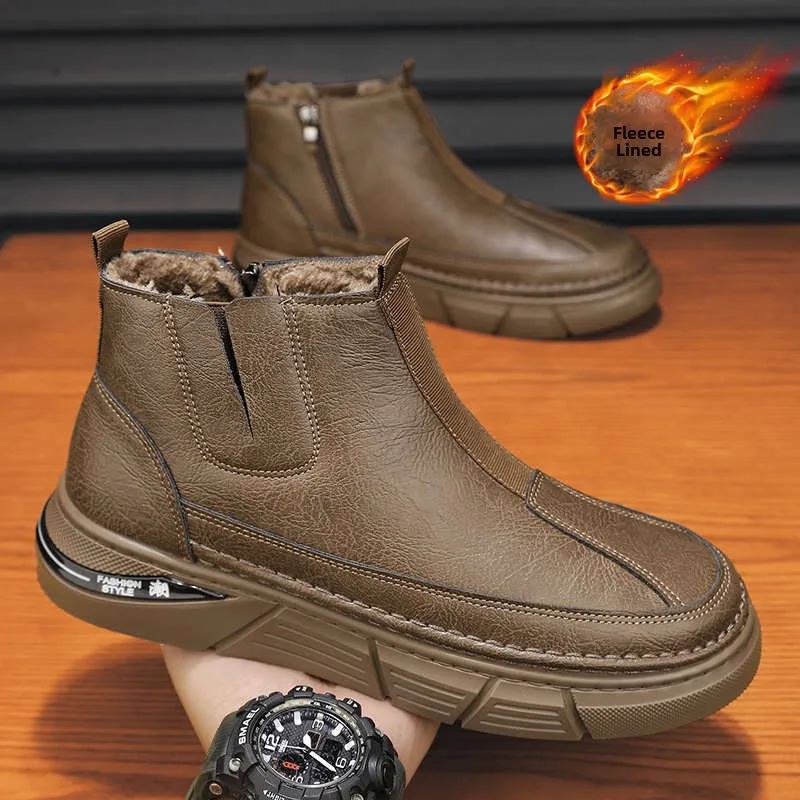 

Мужские зимние ботинки: повседневные, высокие, утепленные, из искусственной кожи, на низком каблуке, с круглым носком, на молнии, для ежедневной носки, с резиновой подошвой