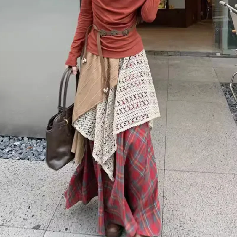 

New 2025 Spring Autumn Vintage Plaid Hollow Out Lace False Two-piece Patchwork Long Skirt Women Vacation Casual A-line Skirts