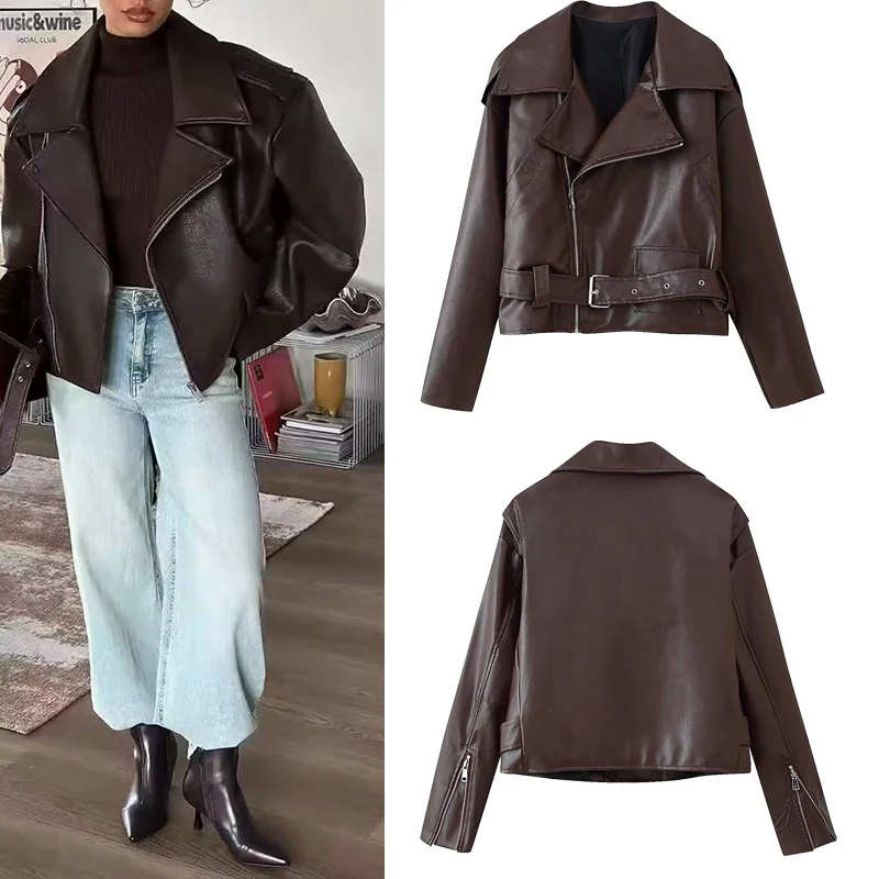 

Autumn Turn-down Collar Loose Short Jacket Coat With Belt Women Faux Leather Zipper Decoration Tops Female Chic Casual Wear 2025