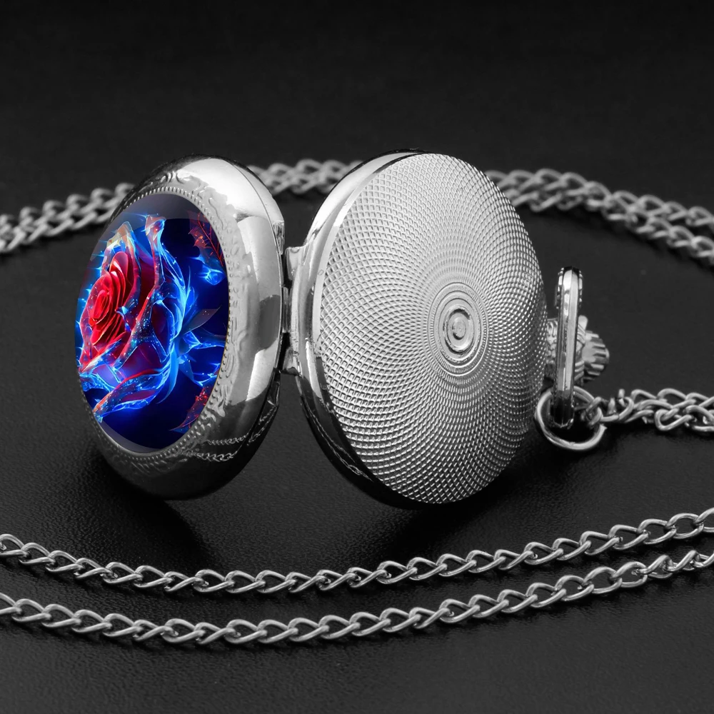 Personalised Fashion Silver Stainless Steel Blue Rose Glass Dome Quartz Pocket Watch Necklace Women Jewelry Pendant Chain