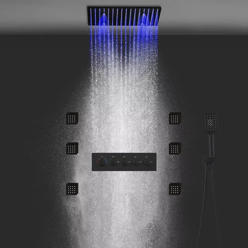 Bathroom Accessories Black Massage Square LED Shower Panel Rain Mist Shower Head Faucet Set Thermostatic Mixer Valve with