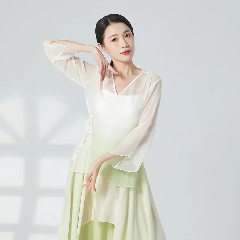 Cardigan Classical Dance Clothes Gradient Gauze Top Elegant Body Rhyme Chiffon Practice Blouse Chinese Fairy Hanfu Long Sleeve