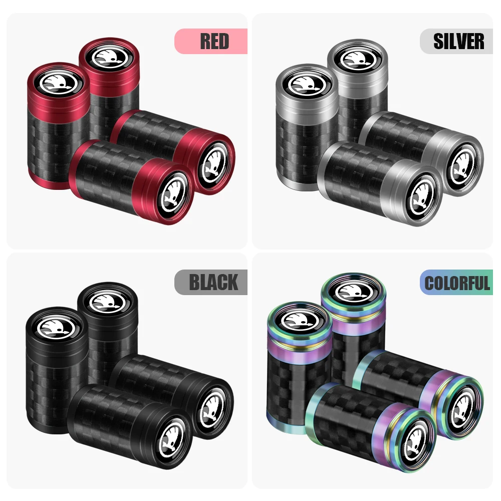 4pcs Carbon Fiber Car Styling Wheel Tire Valve Caps Stem Case Auto Exterior Decoration For Skoda Octavia Vision-E Kamiq Fabia S