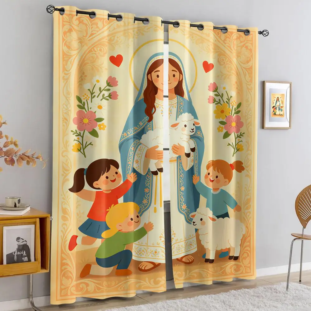Virgin Mary Floral Lamb Printed Curtains 2 Panels Light Blocking Rate 85% Darkening Decoration Curtains Religious Room Drape