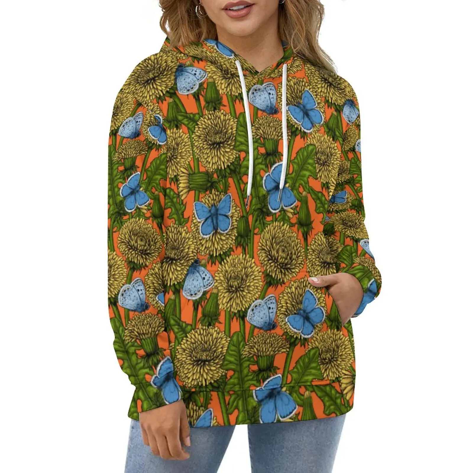 

Blue Butterfly Print Casual Hoodies Dandelion Meadow Graphic Loose Hoodie Autumn Long Sleeve Harajuku Oversized Sweatshirts