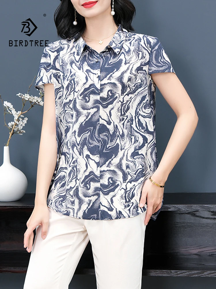 

BirdTree, 90%Real Silk Elegant Shirts, Women Short Sleeve Printed, Mom OL Commute Retro Commute Blouse, 2024 Summer T444147QC