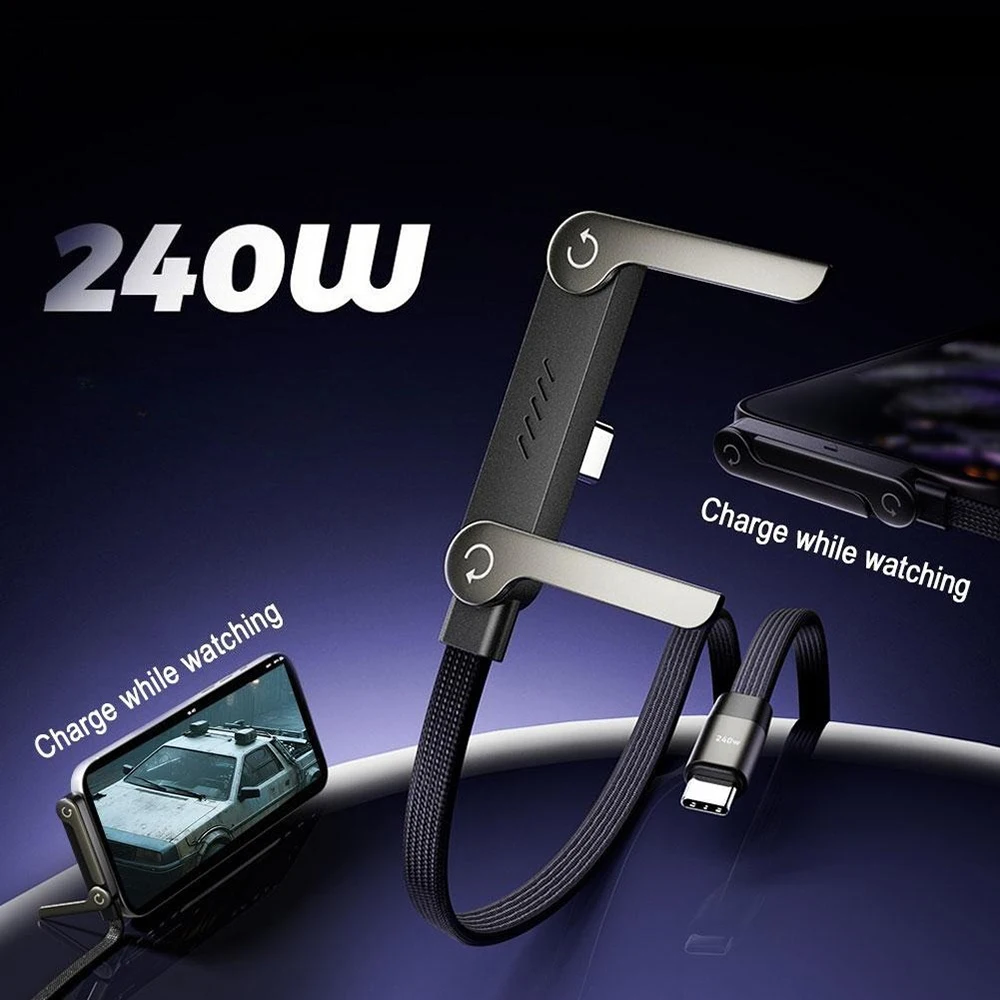 240W Foldable Bracket Data Cable 2 in 1 Type C to Type C Fast Charging Cable For iPhone 17 Samsung Desktop Holder Charging Wire