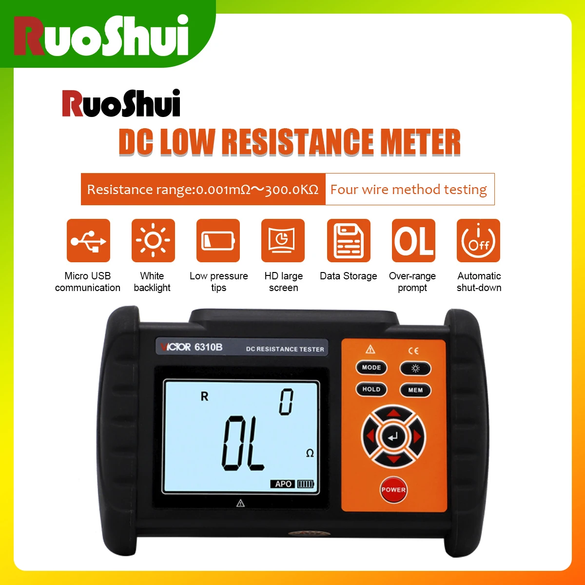 RuoShui 6310B DC Low Resistance Tester Four-wire Measurement 300k OHM USB Data Upload Resolution 1uOHM