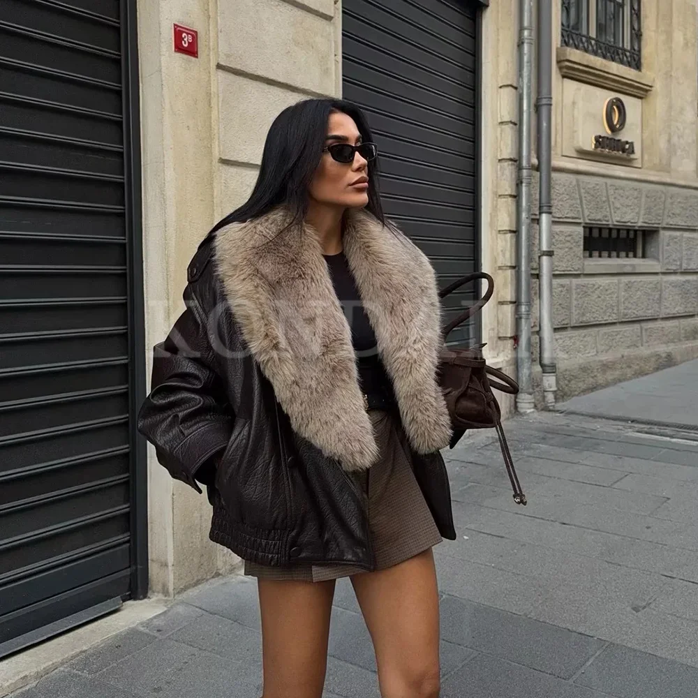 KONDALA 2025 秋冬 フェイクファー襟 パッチワーク PUレザー レディース 暖かいジャケット ファッション エレガント ダブルブレスト レディースコート