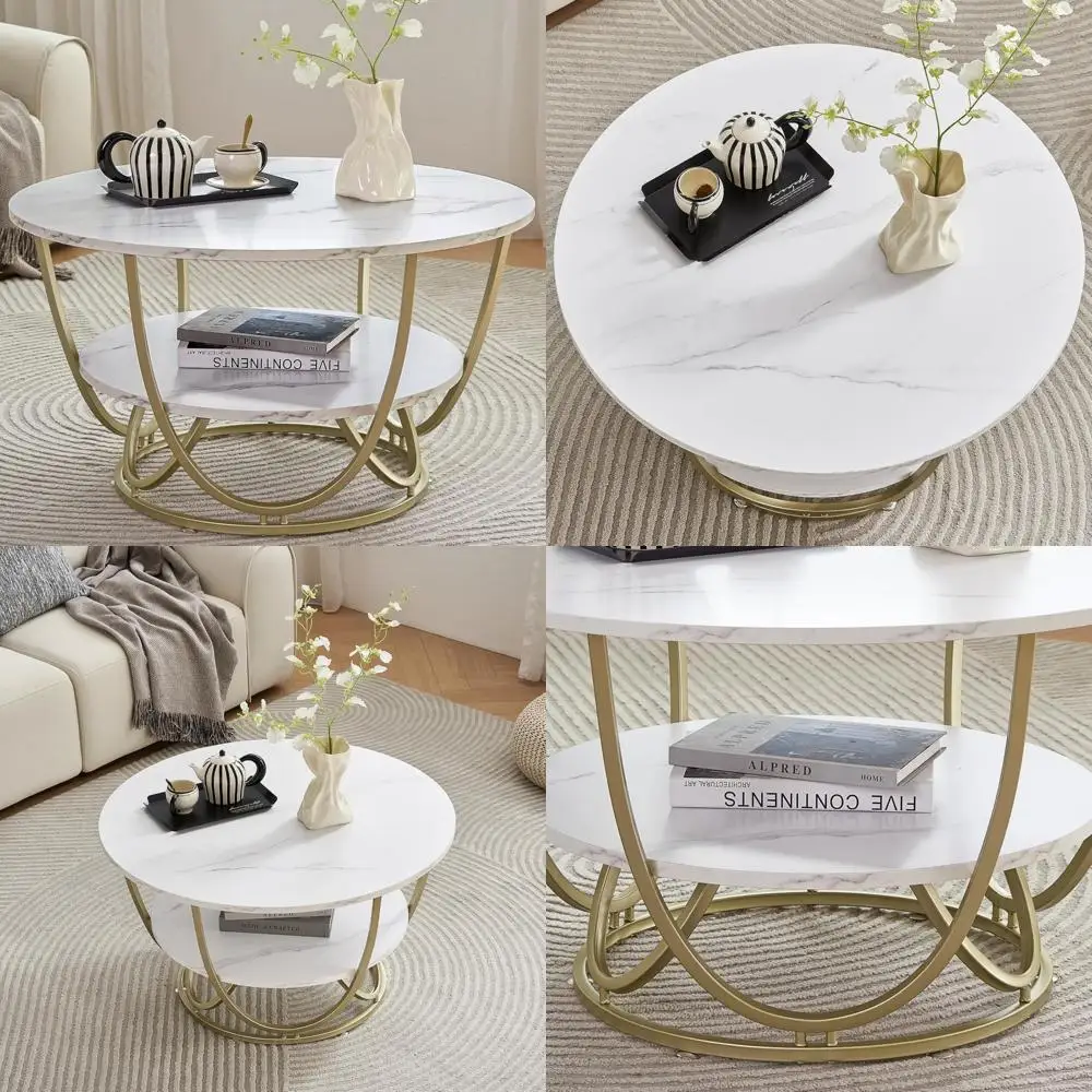 Elephance Round Coffee Table with Storage, 30 Inch Modern Coffee Table for Living Room,Wooden Tabletop-Marble White Print with G