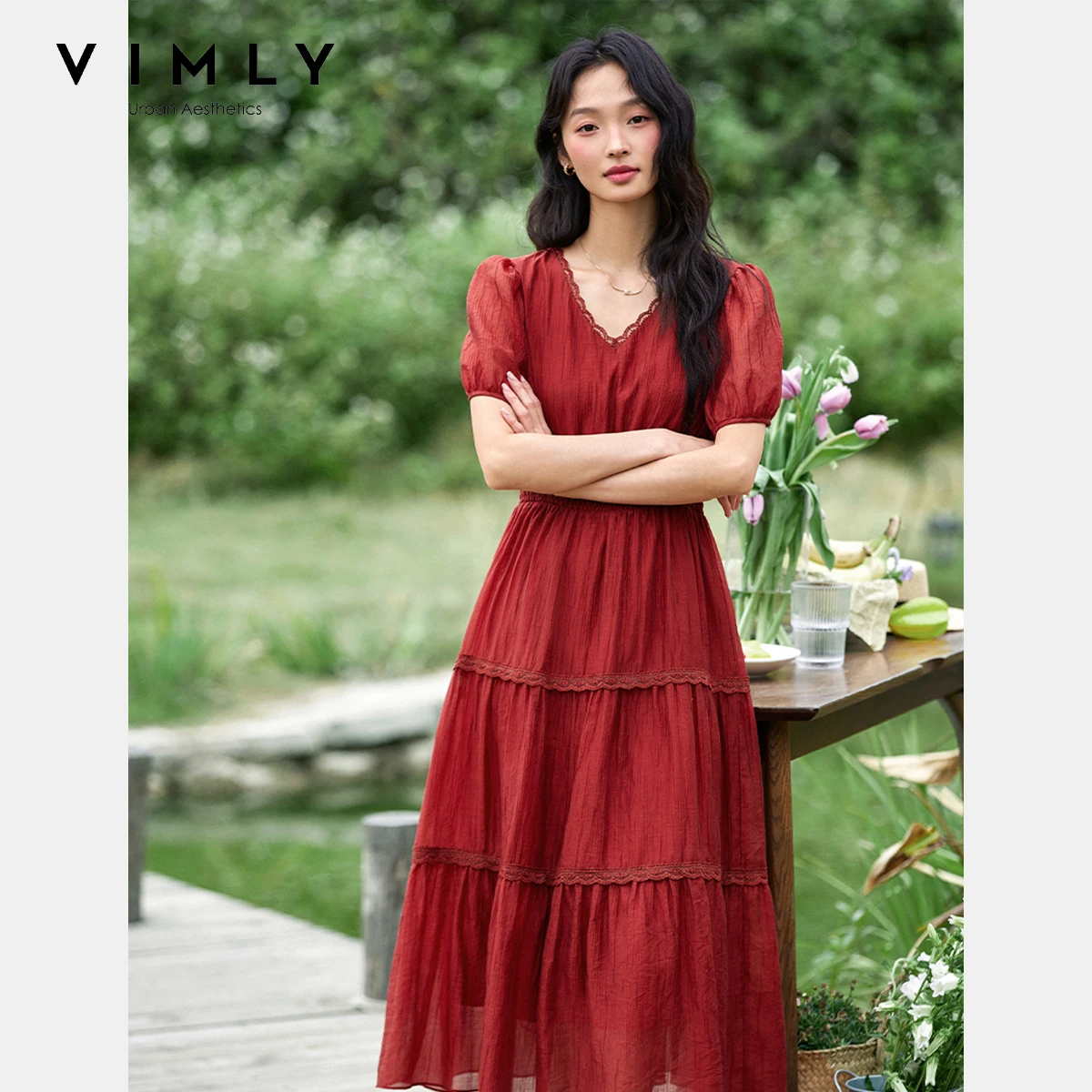 VIMLY Women Summer Midi Dresses Woman 2025 Elegant Ladies Lace V-neck Short Sleeve Smocked Waist Red Dress Robe Femmes A1625