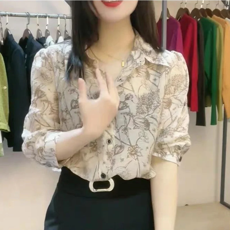 2024 New Summer Chic Retro Elegant Fashion Punk Office Lady Women's Shirt Chiffon Button V Neck 3/4 Sleeve Long Sleeve Y2K Tops