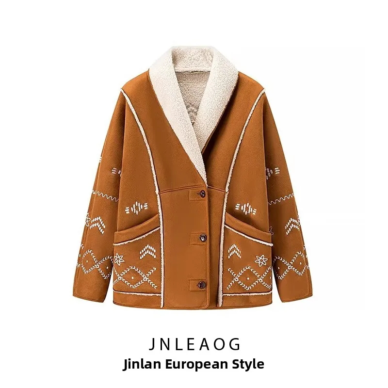 

JNLEAOG Осенняя Новая Модная Женская Куртка с Принтом под Овчину, Длинный Рукав, V-образный Вырез, Полиэстер, Приталенный Крой, Короткая Верхняя Одежда