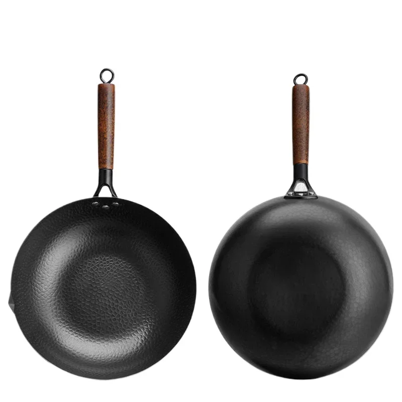 Carbon Steel Wok Pan 32cm Stir-Fry Pans with Wooden Lid Uncoated Flat Bottom Chinese Pan for Induction Electric Gas All Stoves