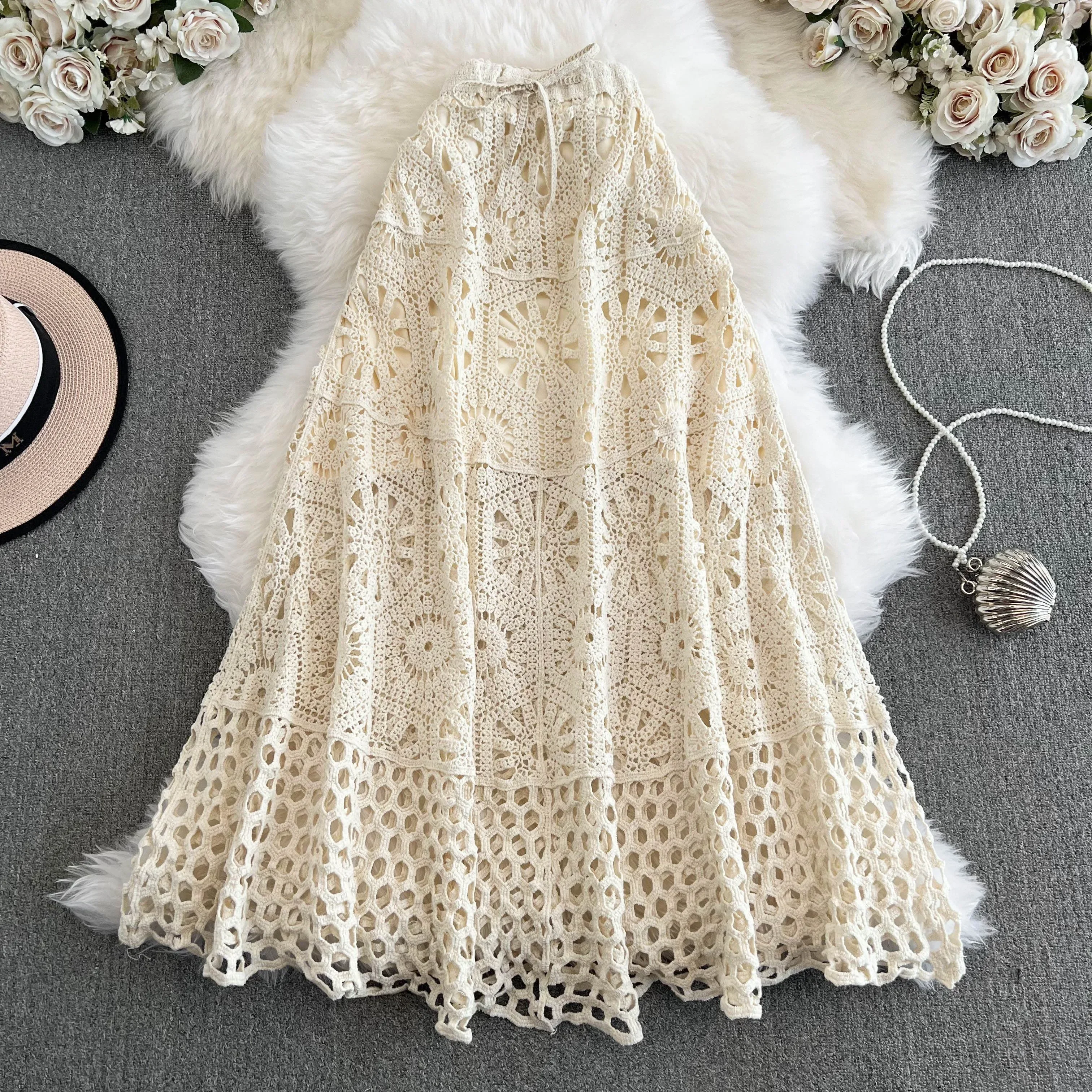 

Шикарные юбки в стиле бохо, лето 2025, новая женская вязаная крючком ажурная женская юбка Faldas Ajustadas, трикотажная пляжная длинная юбка трапециевидной формы на шнуровке