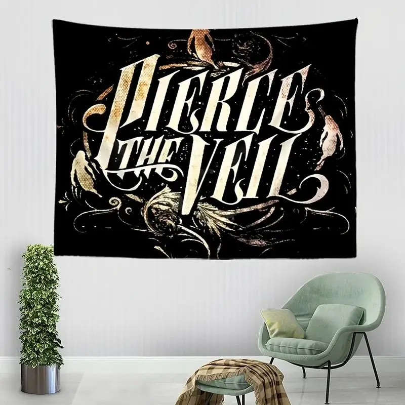 VIKAMA Dark Gothic Band Tapestry, Pierce The Veil Vintage Script Ghost Pattern Wall Hanging, Soft Home Decor for Rock Metal