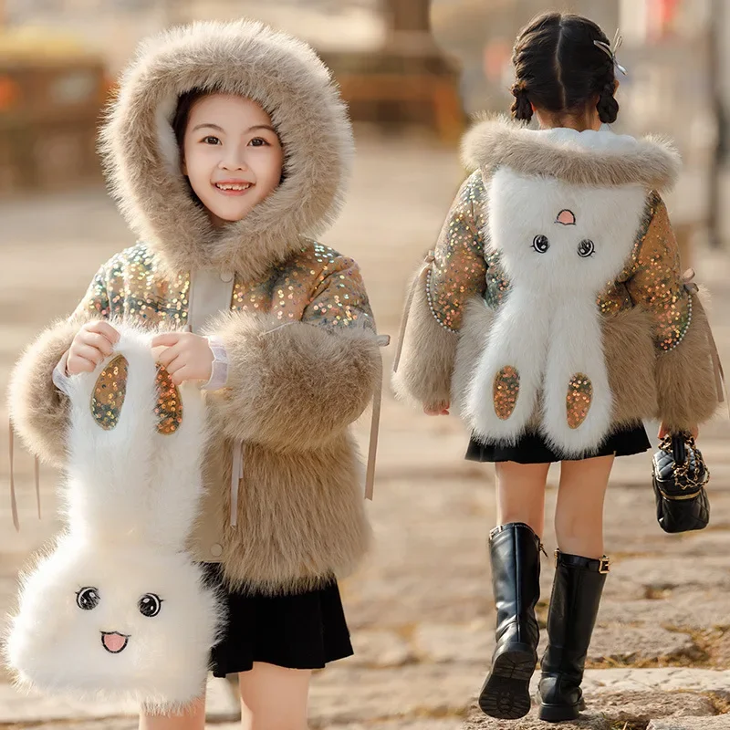 

Girls Winter Coat Fashionable Rabbit Ears Faux Fur 2023 New Children Padded Sequined Plush Baby Girl Coat Childrens Jacket