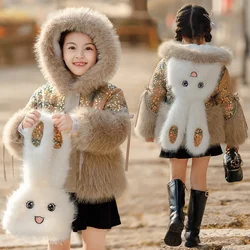 Girls Winter Coat Fashionable Rabbit Ears Faux Fur 2023 New Children Padded Sequined Plush Baby Girl Coat Childrens Jacket