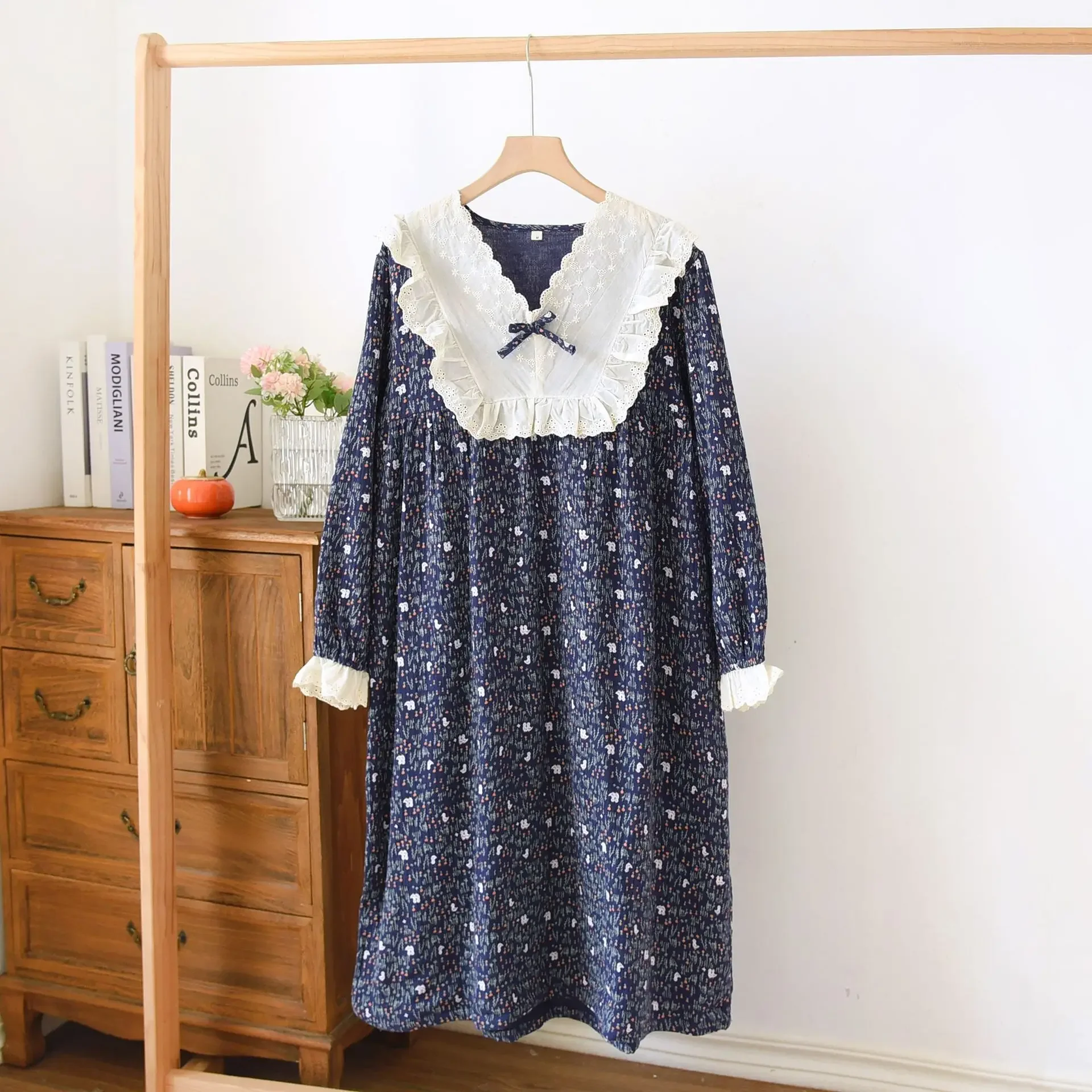 Casual 100% Cotton Nightgown Women Sleepwear A-Line Long Sleeve Loose Midi Blue Night Dress Female Homewear Nighty For Ladies