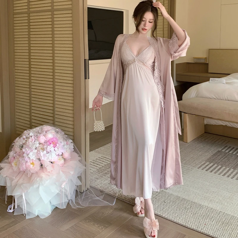 

New Spring And Summer Camisole Nightgown, Long Two-Piece Pajama Set, Comfortable Fabric Long Dress Set