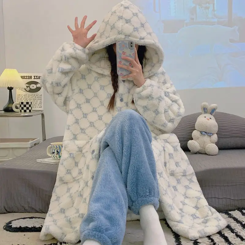 

Зимний длинный халат, женские пижамы с капюшоном, утепленный комплект одежды для сна на флисовой подкладке, домашняя одежда из кораллового флиса, сохраняющая тепло, ночная рубашка для девочек