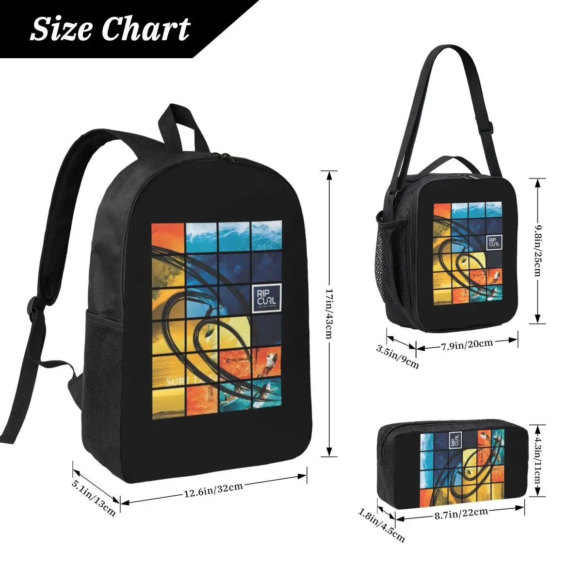 Posters Rip Curl Skates Logo Backpack Student BookBag School Bag Computer Shoulder Bags 3ps Insulated Lunch Bag Pencil Case