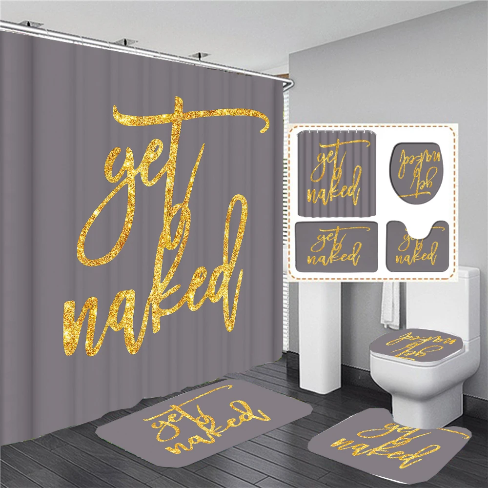 Get Naked Pattern Bathroom Curtain Set Golden Gray Print Shower Curtains Bath Mats Pedestal Rugs Toilet Cover Non-slip Carpet