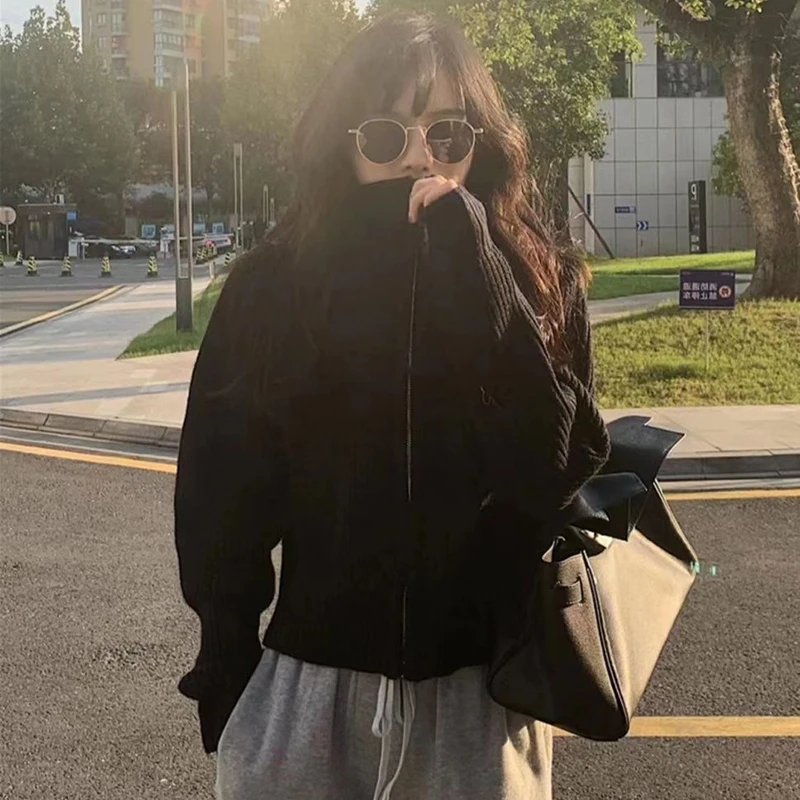 Solid Vintage ถักเสื้อสเวตเตอร์ถักผู้หญิงซิปหลวมสบายๆลมขี้เกียจฤดูใบไม้ร่วงฤดูหนาวเสื้อกันหนาวเกาหลีแขนยาวเสื้อใหม่