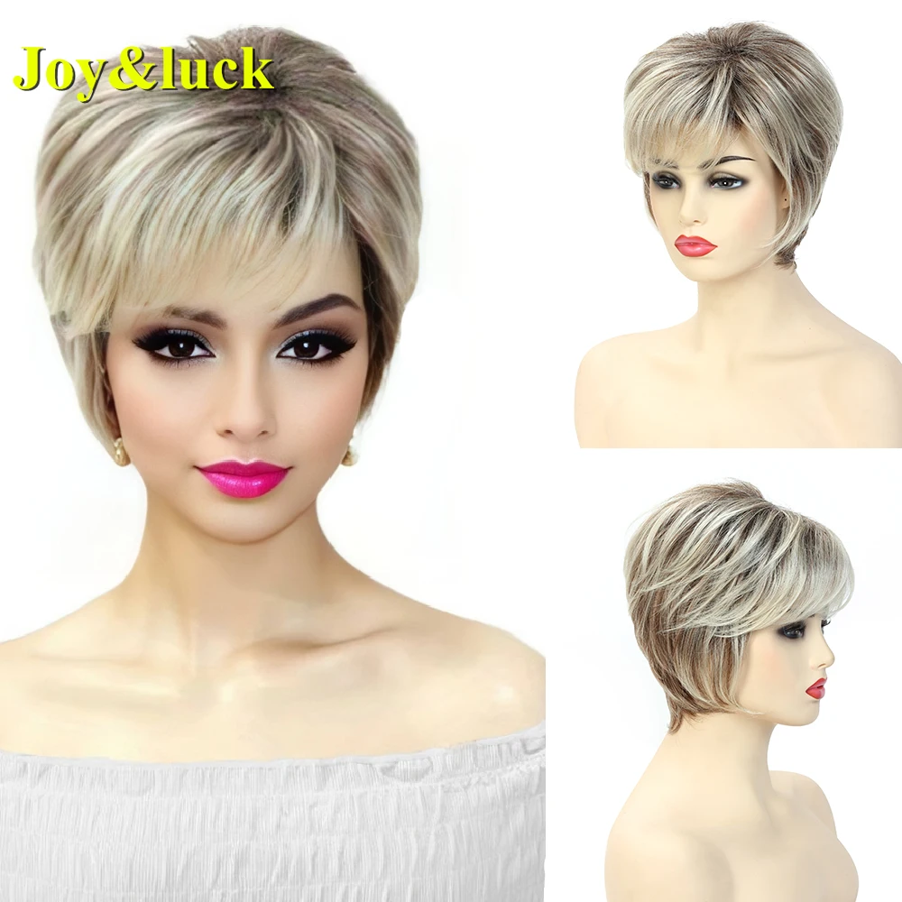Peluca corta rubia degradada para mujer, pelo sintético recto Bob con flequillo, Natural, uso diario