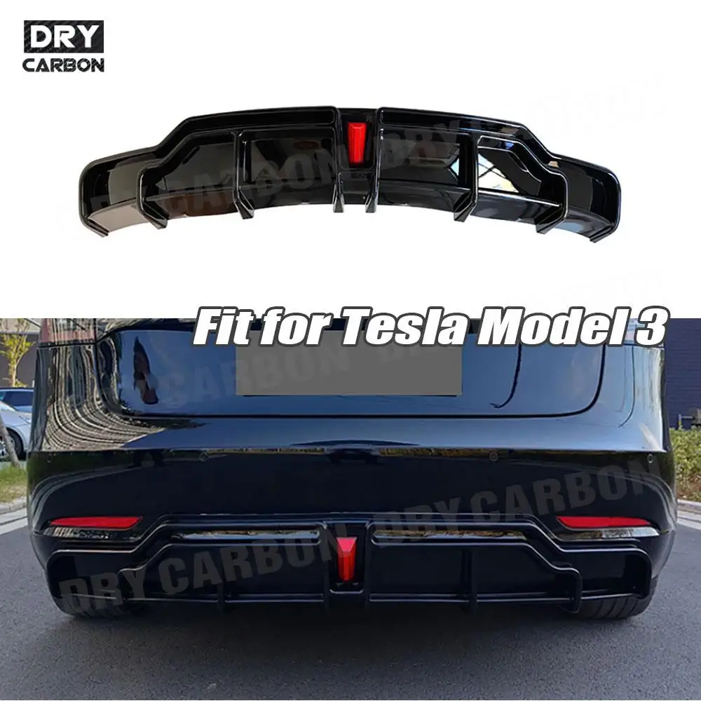 

ABS Black Car Rear Diffuser Lip Bodykits Gloss Black Rear Bumper Diffuser With Led Accessories for Tesla Model 3 2017+