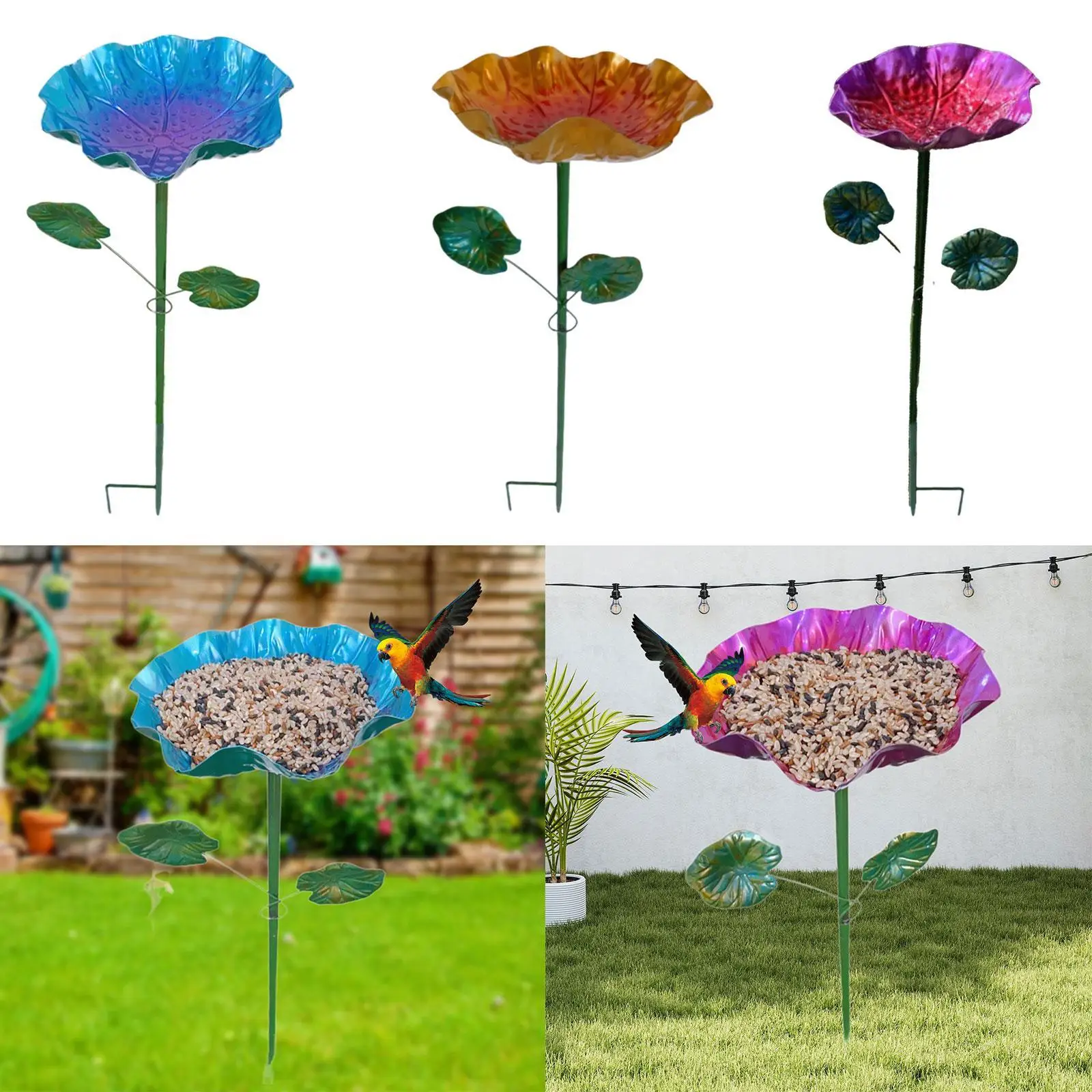 Ciotola da bagno per uccelli da giardino, mangiatoia per uccelli, piedistallo per ciotola per uccelli a forma di foglia di loto con picchetto in metallo per esterno