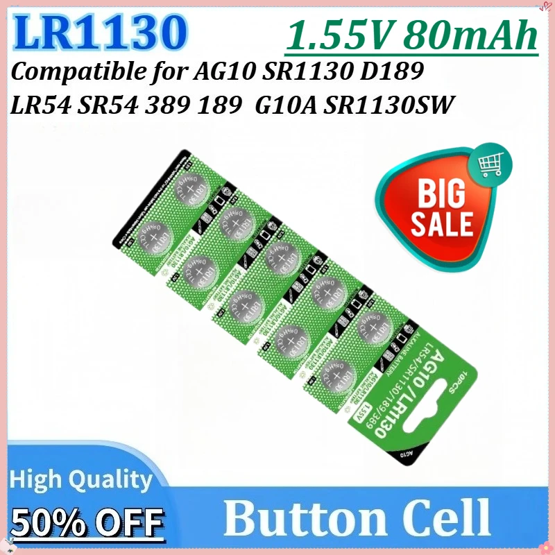 

10-200PCS 1.55V 80mAh AG10 LR1130 LR54 SR54 SR1130 D189 389 189 Button Battery SR1130SW G10A Cell Coin Watch Toys Remote Battery