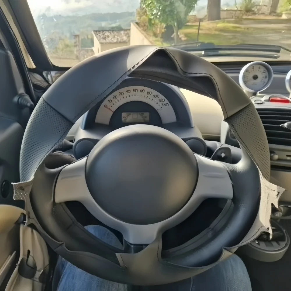 Hand Stitched Black Wear Resistant Perforated Non-slip Microfiber Leather Steering Wheel Cover For Smart Fortwo 2005-2007