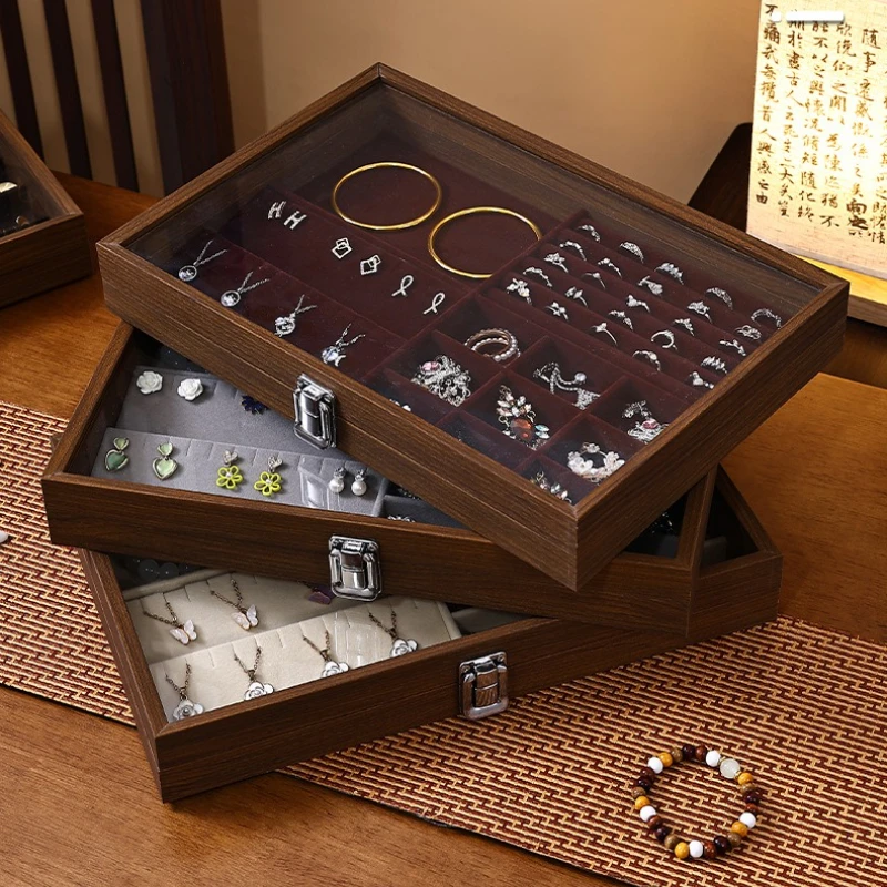 

Beige/Grey Velvet Walnut Jewelry Box Jewelry Necklace Earrings Jewelry Storage Case Capacity Multifunctional Storage with Lid