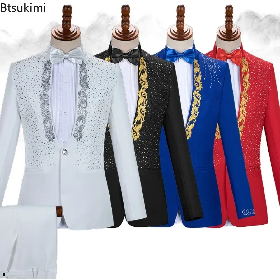 

2025 Men's Stage Costume Suit Sets 2PCS Fashion Luxury One Button Sequin Embroidery Suit Jacket+Pants Male Singer Host Clothes