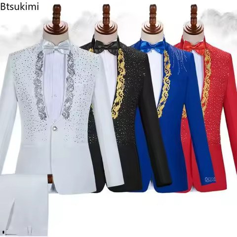2026 Men's Stage Costume Suit Sets 2PCS Fashion Luxury One Button Sequin Embroidery Suit Jacket+Pants Male Singer Host Clothes