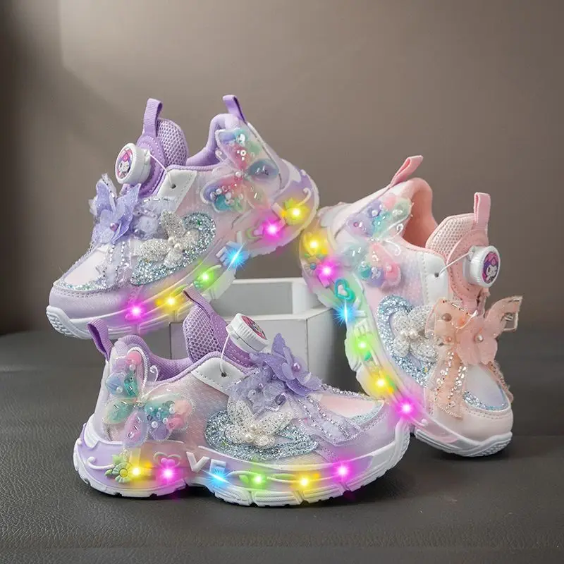 

Sanrio Kuromi/светодиодные кроссовки для девочек, весенне-осенняя противоскользящая дышащая обувь в стиле аниме, повседневная обувь, туфли принцессы с милым бантом