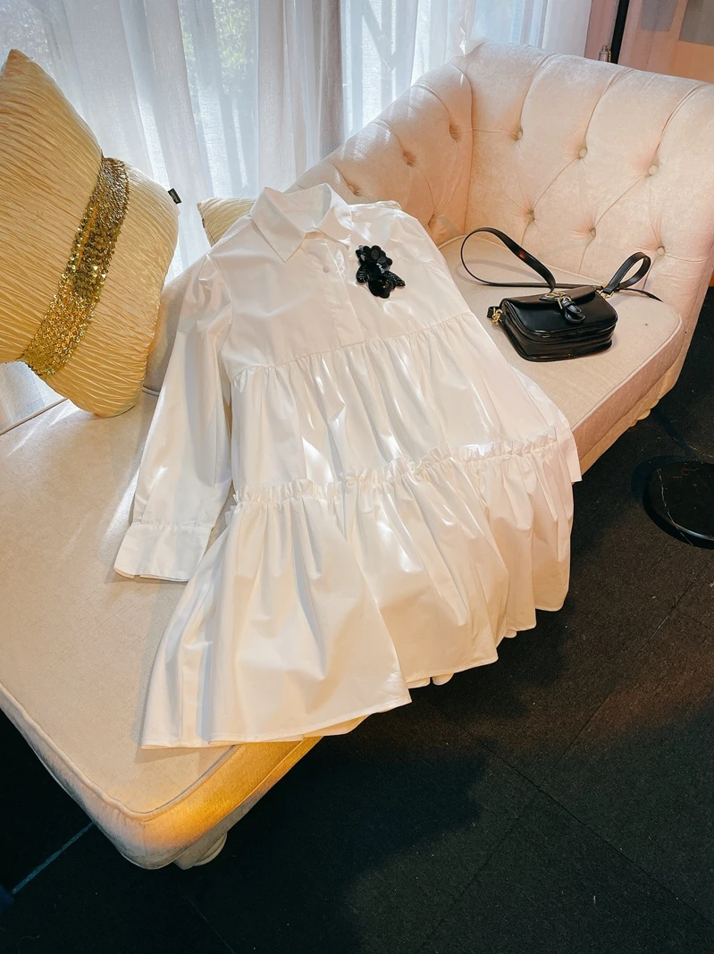 

Early Spring White Loose Women's irt Dr Ele Gentle High Waist Long Sve Casual Pure Color Polyester Fiber