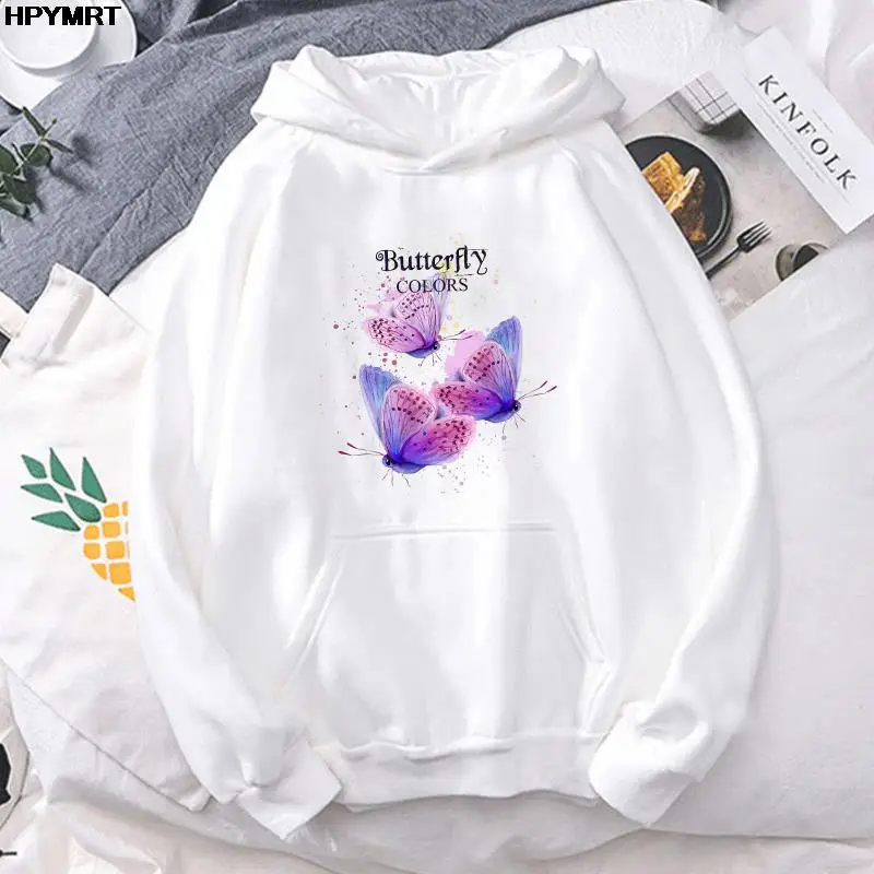 

Women Fashion cute Hoodies new Butterfly series printing Ladys girl Autumn and Winter thin fleece pocket drawstring Sweatshirts