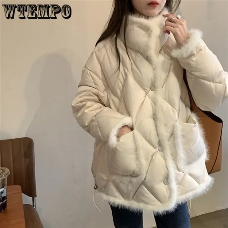 WTEMPO Women\'s Puffer Jacket Fur Trim Stand Collar Button Up Quilted Coat Loose Warm Winter Fall Diamond Padded Down Outwear