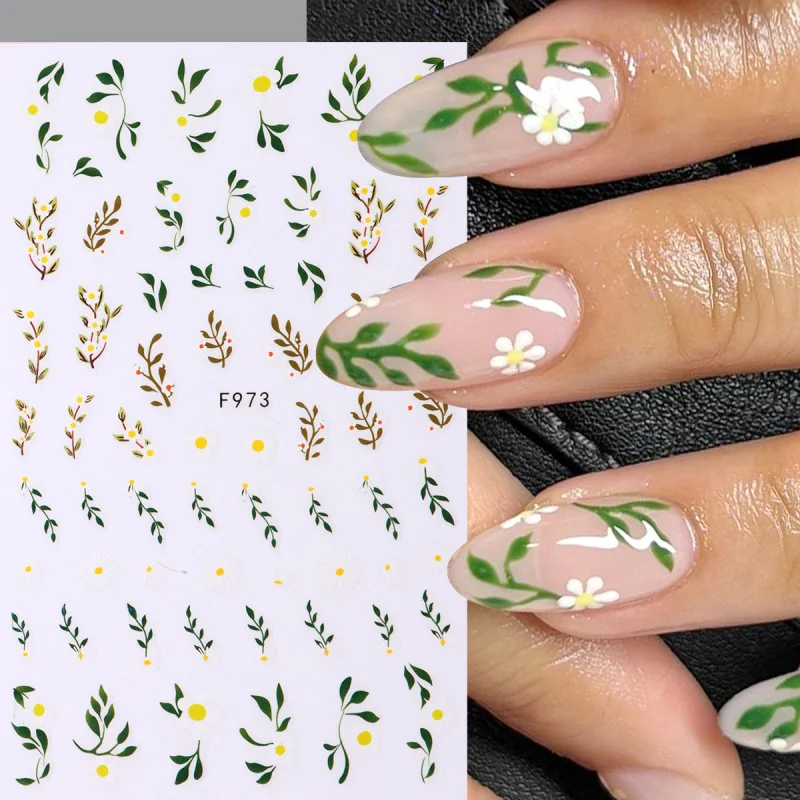 2/10pcs 3D ฤดูใบไม้ผลิดอกไม้เล็บสติกเกอร์ Daisy กลีบดอกไม้ Leaf กาวสติ๊กเกอร์ Simple Blossom เล็บฝรั่งเศส Sliders ตกแต่ง