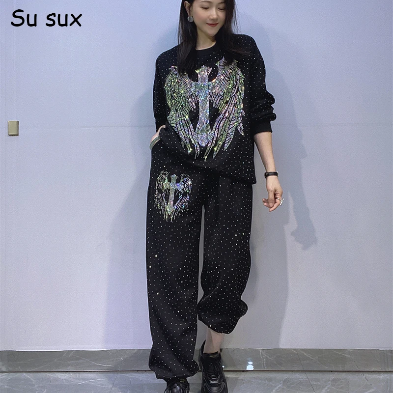 

Sequins Big Wing Pullover Sweatershirt and Sweatpants 2 Piece Sets Woman Gypsophila Pant Sets Vestidos Tracksuit 2025 Autumn