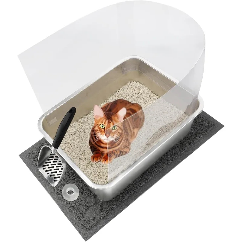 

1 Set Stainless Steel Cat Litter Box with High Sides, Durable Metal Cat Litter Basin Pan Easy to Clean Cat Litter