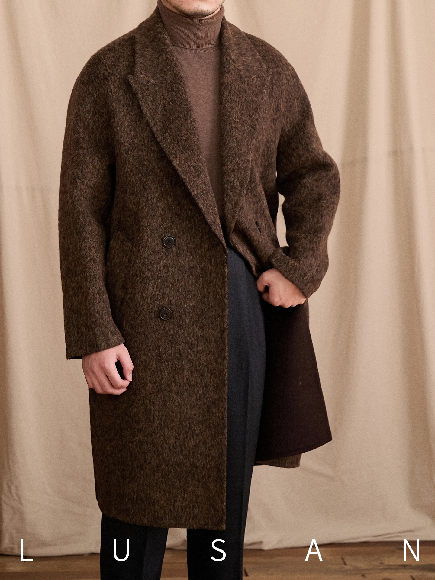 

Men's 90% Wool Casual Loose Mid-Length Double-Sided Tweed Coat Retro Double-Breasted Winter Jacket