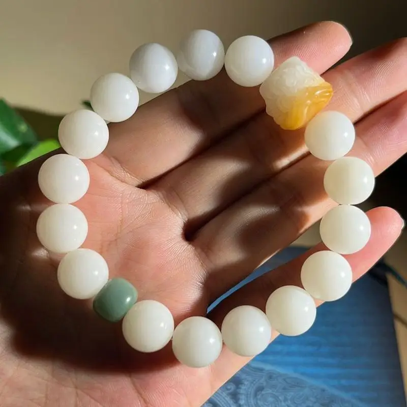 Lion Dance Gradient Women, White Jade Root Soft and Flexible Buddhist Bead Bracelet for Men, Bodhi