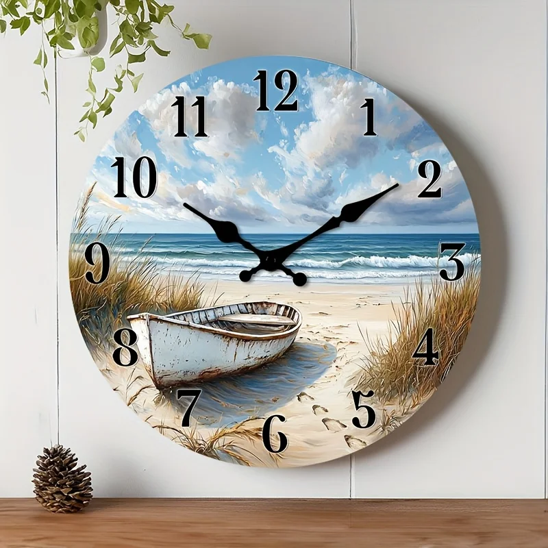 1pc Silent Non-Ticking Wall Clock - Wooden Round Nautical Beach Scene with Boat Design, Face for Readability, Suitable for Kitchen,,, Bedroom - 25.4cm/30.48cm/35.56cm/40.64cm (No Battery)